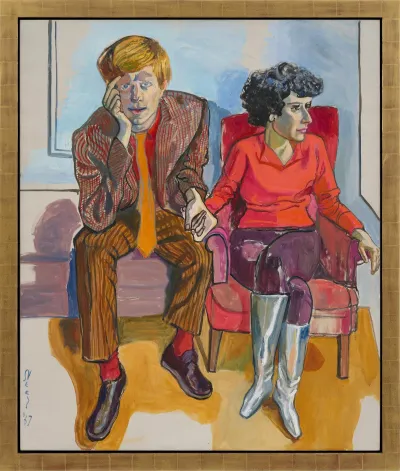 A painting of a man in a striped suit holding hands with a woman in silver boots.