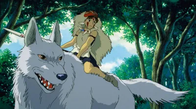 An animated still of a woman wearing a wolf. 