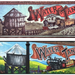 two images showing similar murals of a water tank and a train