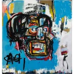 A Basquiat painting of a large skull on a blue background.