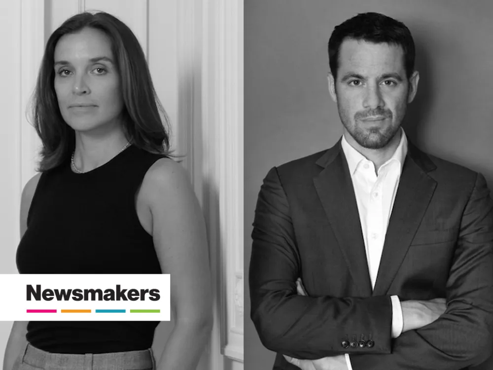 A black and white image of a woman wearing a black tank top and gray pants on a white background next to an image of a man in a dark suit and white shirt on a grey background.