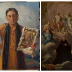 Composite image showing two paintings. At left is a woman with her arm on her hip holding a devotional picture of the Virgin At right a saint being visited by the Virgin and Christ.