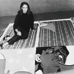 An archival image of a woman seated on an artwork made of three mattresses.