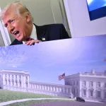 US President Donald Trump holds a rendering of the East Wing modernization as he speaks to reporters aboard Air Force One