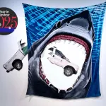 A fleece blanket of the shark from Jaws with its mouth open and that part cut out. In the center and to the left if a chomped-up Border Patrol truck.