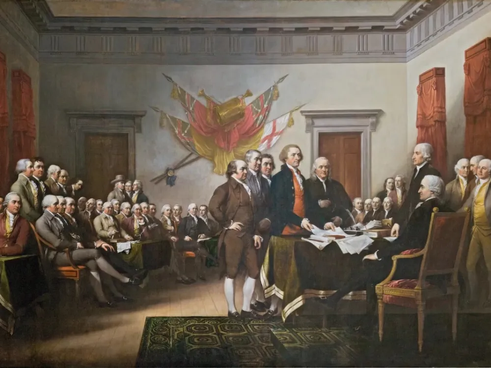 A painting of many seated men before some men standing in front of a table with papers on it.