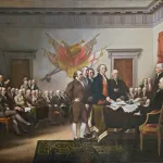 A painting of many seated men before some men standing in front of a table with papers on it.