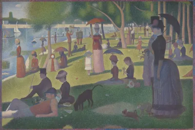 A painting of people sitting and standing on a grassy bank near a river with sailboats in it.