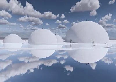 Several white, circular structures set in a wading pool that reflects clouds and blue sky.