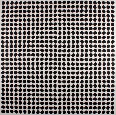 An abstraction composed of rows of black circles, some of which are partially cropped to create the appearance that they are warping.