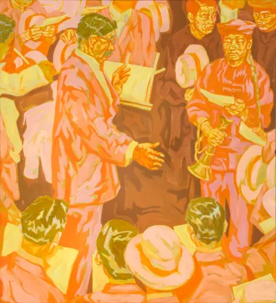 A painting of a man speaking to a crowd.