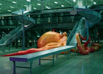 A blow-up octopus in a factory.