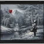 A monochrome landscape painting with a small girl on the right hand side reaching for a red, heart shaped ballon as it floats away.