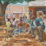 A painting showing people gathered in a park in the main square of a town.