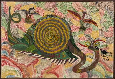 A painting of a snail-like creature with birds around it.