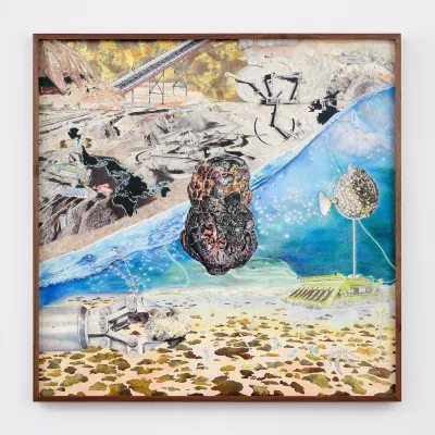 A rock-like fom floating above a landscape composed of disparate islands.