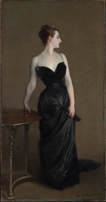 A painting of a woman in a black dress with one hand leaned against a wood table.