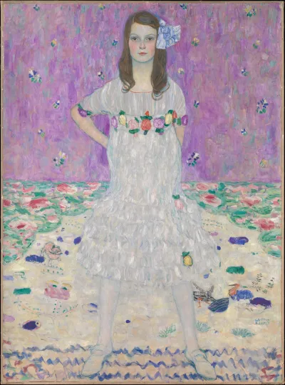A painting of a girl in a white dress with one arm cocked at her side. She stands on blue squiggles and amid what appears to be a sea of flowers.