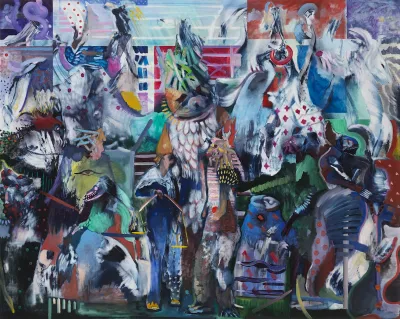 An abstract painting showing the contours of feathered creatures, eyes, and other indistinguishable forms.