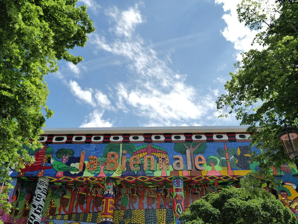 A colorful pavilion with the words 