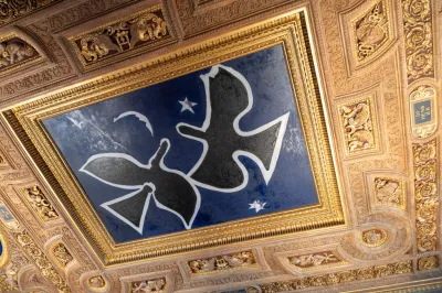 Ceiling of the Henri II room seen from below and work entitled 