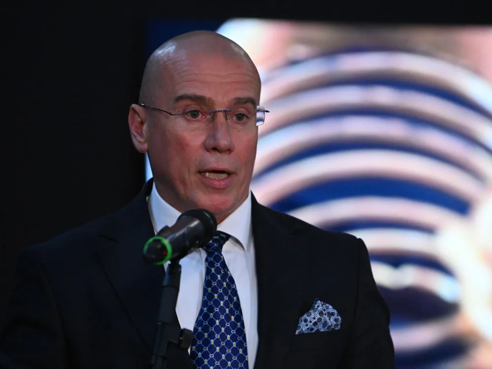 Demeter Andras Istvan, the Romanian Minister of Culture, speaks during the display event of a ceremonial gold helmet and two gold bracelets at the National History Museum of Romania in Bucharest, Romania, on April 21, 2026. The artifacts, dating to around 450 BC and attributed to the ancient Dacian civilization, were recovered after being stolen in 2025 in the Netherlands and have now been returned to Romania. (Photo by Alex Nicodim/NurPhoto via Getty Images)