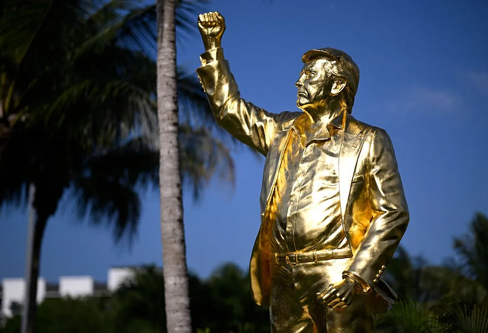 DORAL, FLORIDA - APRIL 30: A statue of President Donald Trump is seen near the ninth tee  during the first round of the Cadillac Championship 2026 at Trump National Doral Miami on April 30, 2026 in Doral, Florida. (Photo by Orlando Ramirez/Getty Images)