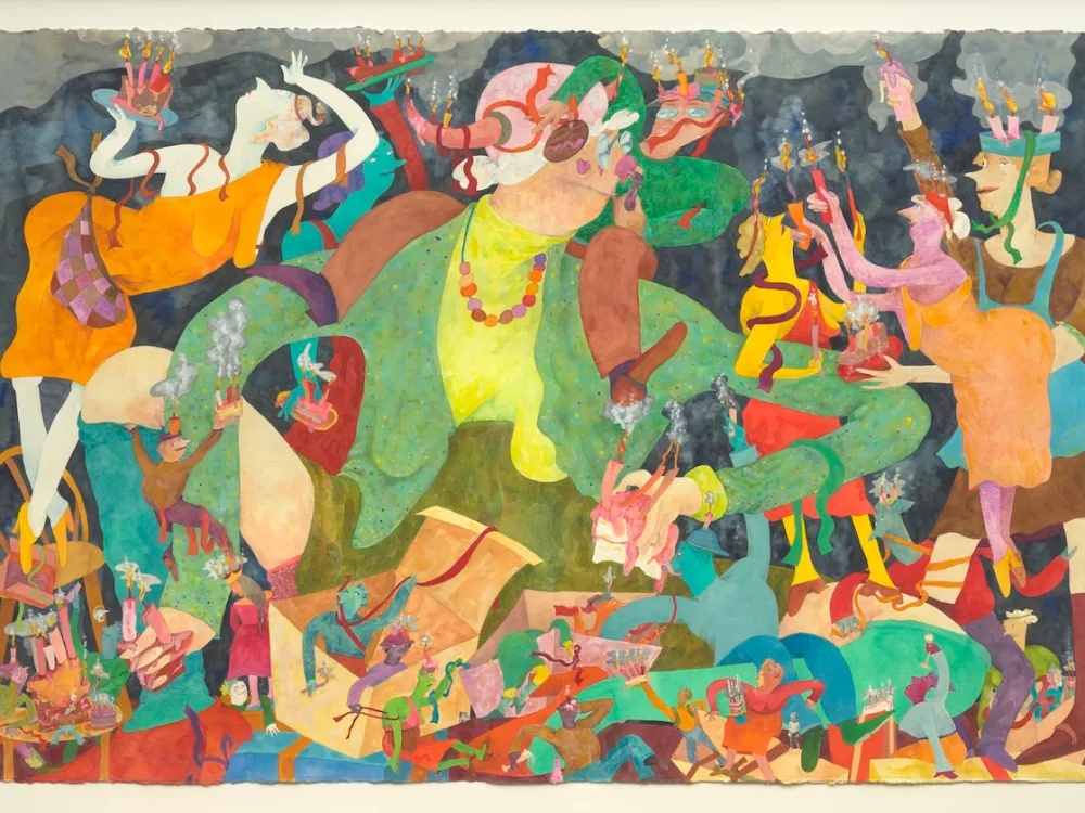A painting of a large figure with droopy breasts opening a box, from which many other figures leap out. Other figures all around her hold cakes and candles.