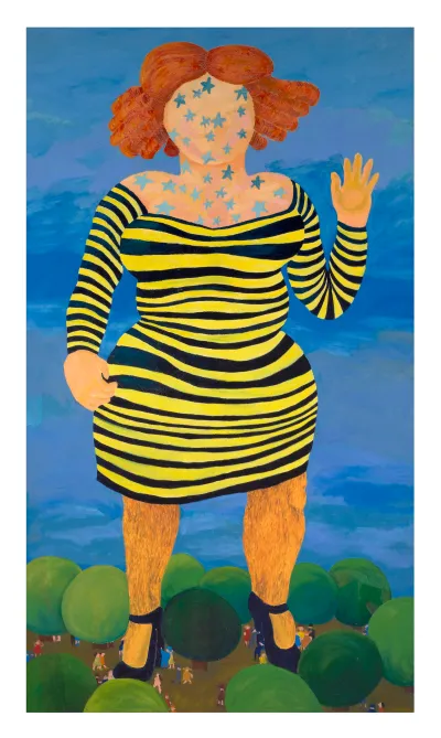 A painting of a large woman in a striped dress who towers over a set of trees below. She has no face, and her skin is covered in stars.