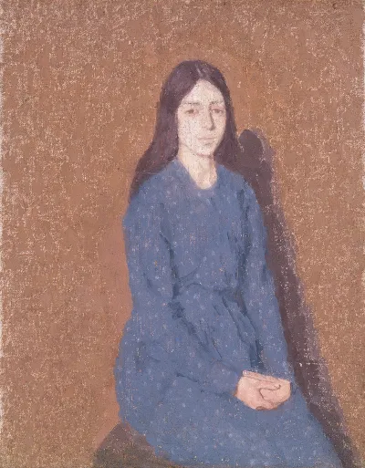 A painting of a seated woman in a blue dress.
