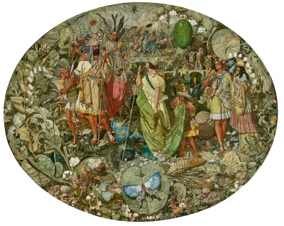 A painting of a procession of people centered around a ruler with a staff and a person with a staff who looks upward at him. The painting is crowded with people.