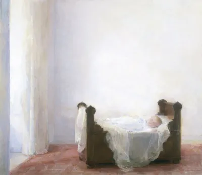 A painting of a baby lying in a cot near a curtain.