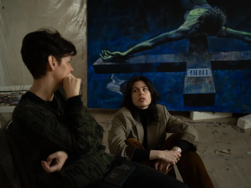 Natalia Kaliada and Daniella Kaliada pictured with a work in progress by Sergey Grinevich for 