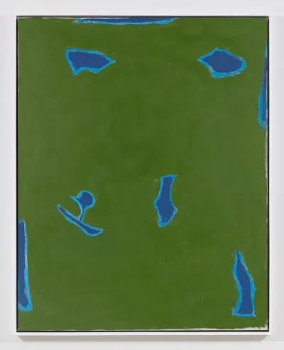 An abstract painting showing patches of blue in a field of green.