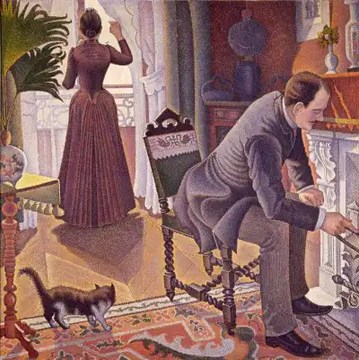 A painting of a man seated in a chair and tending to a fire while a woman in dress looks out a window. A cat can be seen on a carpet nearby.