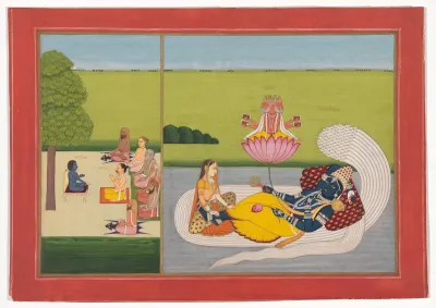 A painting of a reclining person near a grassy field.