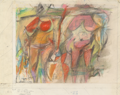A drawing of the abstracted bodies of two buxom women.