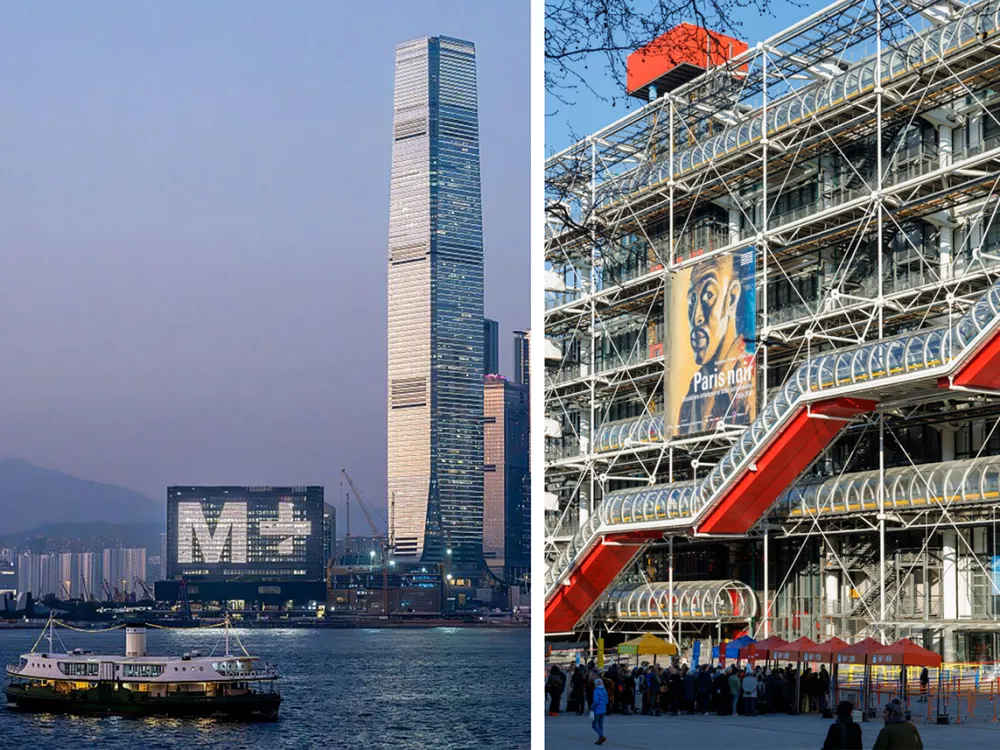 two side-by-side photos showing, on the left, a harbor with a skyline in the background, including a building with "M+" on the facade, and on the right, the exterior of a building that looks like it