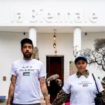 Artists Carolina Caycedo and Rui Dias Monteiro, who took part in a pro-Palestine action on the opening day of the Venice Biennale