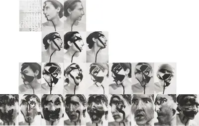 Rows of images of a woman with black paint on her face.