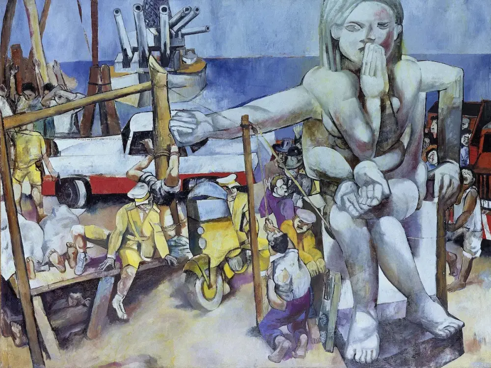 A painting of a Cubist-like figure sitting in the midst of military equipment and machinery.
