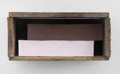 Nancy Shaver, Pink Box, 2022, wooden box, cardboard boxes, Flashe acrylic, 7 x 14.5 x 7.5 inches