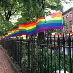 Pride flags along an iron gate.