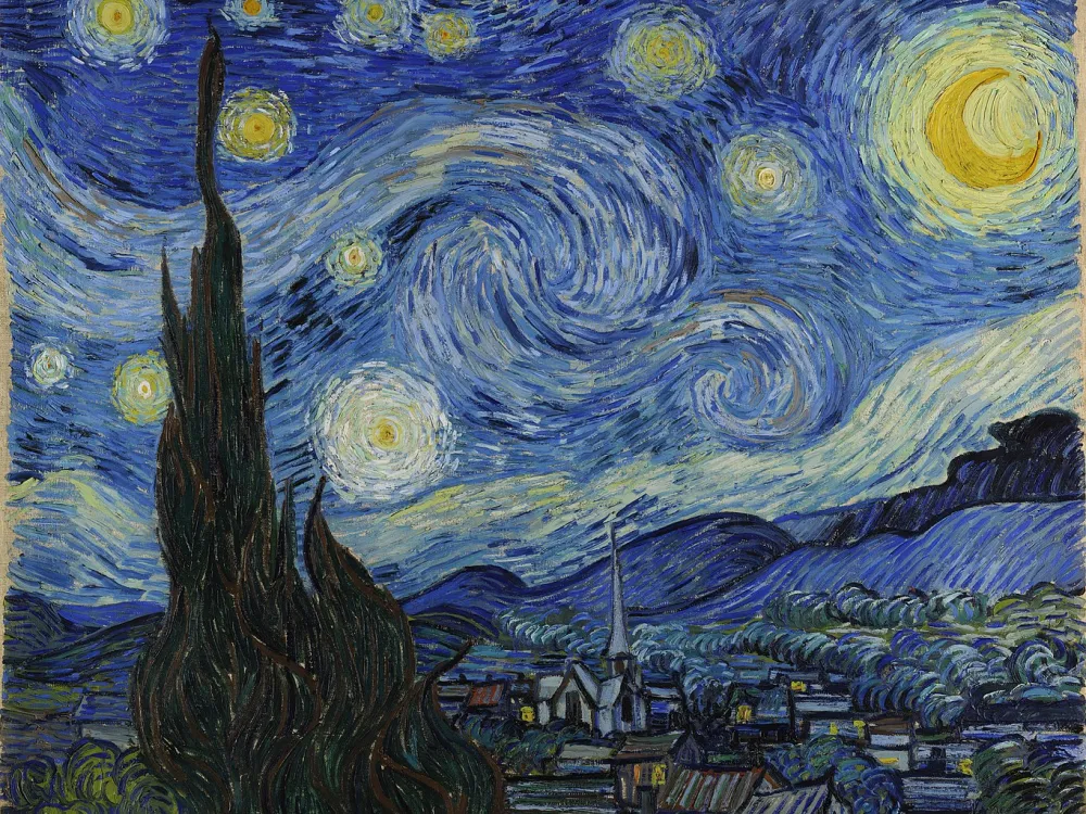 A painting with thick brushstrokes that shows a swirling night sky dotted with large stars and a cypress tree rising. in the foreground, in front of a town.