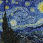 A painting with thick brushstrokes that shows a swirling night sky dotted with large stars and a cypress tree rising. in the foreground, in front of a town.