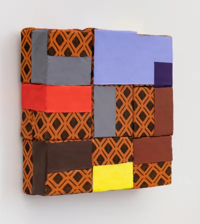 Nancy Shaver, 2 Large purple squares, 2020, wooden blocks, polyester fabric, paper, Flashe acrylic, 11 x 11 x 3 inches