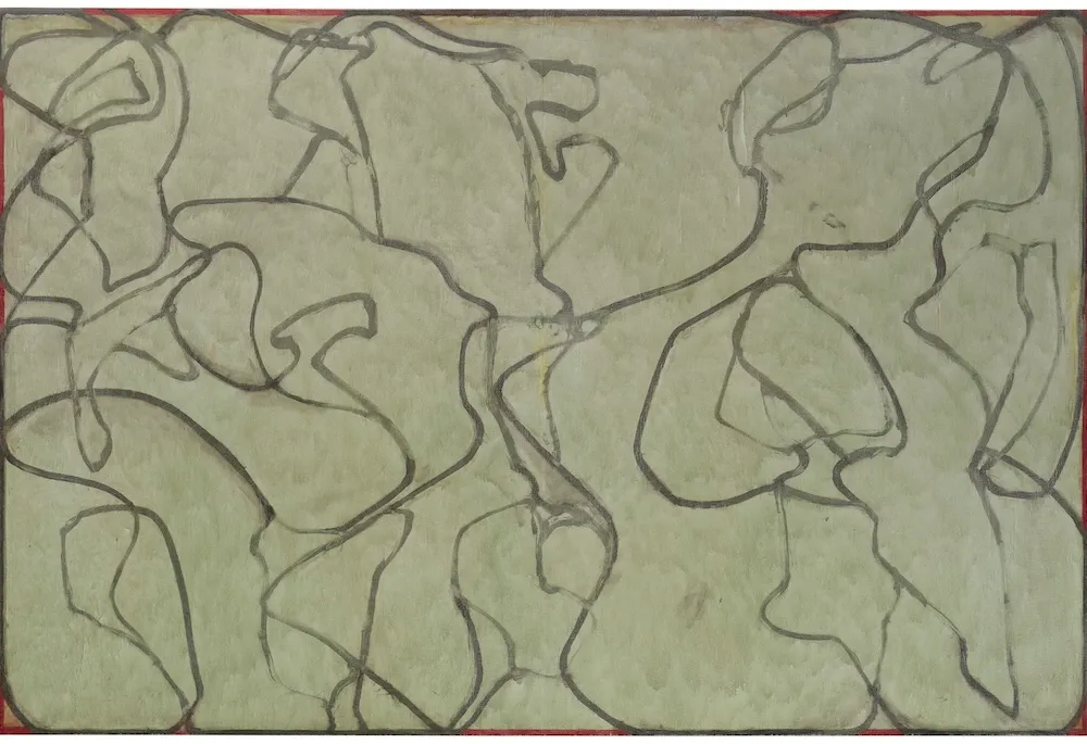 An abstract painting with dark gray scrawling lines on a grey-green background.