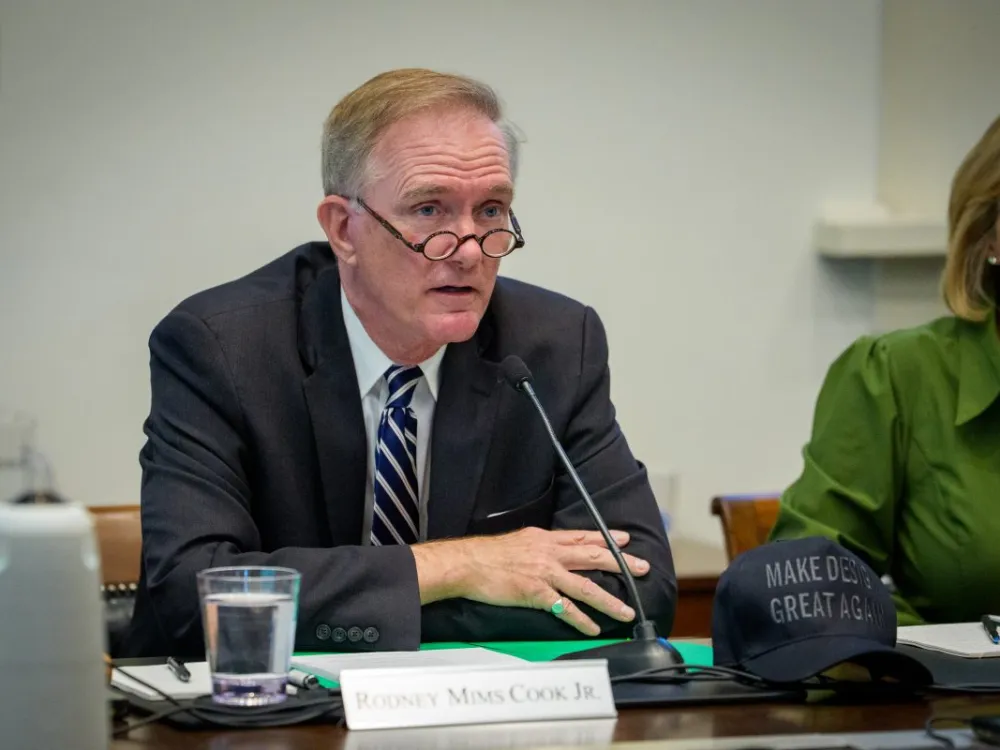 WASHINGTON, DC - APRIL 16: Commission of Fine Arts Chairman Rodney Mims Cook Jr. speaks at a public hearing on President Donald Trump