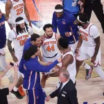 NEW YORK, NEW YORK - JUNE 10: Members of the New York Knicks celebrate their 107-106 victory against the San Antonio Spurs in Game Four of the 2026 NBA Finals at Madison Square Garden on June 10, 2026 in New York City. NOTE TO USER: User expressly acknowledges and agrees that, by downloading and or using this photograph, User is consenting to the terms and conditions of the Getty Images License Agreement. (Photo by Dustin Satloff/Getty Images)