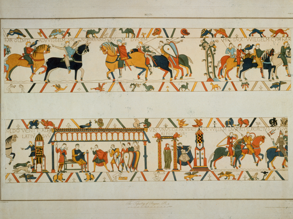 In a scene from the Bayeux Tapestry, William the Conqueror (c.1027 - 1087) rescues the future King Harold II (c.1022 - 1066) from captivity in France and betrothes his daughter Aelfgifu to him, 1064. The tapestry is housed in the town of Bayeux in Normandy. (Photo by Hulton Archive/Getty Images)